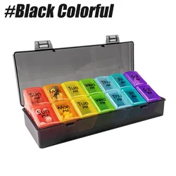 Weekly AM/PM Push Button Pill Organizer with 7 - Day Storage Compartments (Black Colorful)