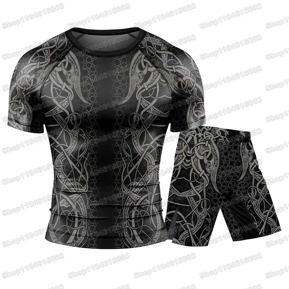 Fenrir Tattoo Viking Rash Guards Surfing Jersey Beach Shirts Swimwear Diving Gym Shorts MMA BJJ Men Jiu Jitsu Fitness Sets