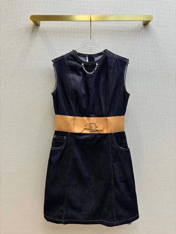 

New Fashion Elegant Party Dresses Women O-neck Sleeveless Wide PU Leather Belt Summer Navy Denim Tank Dress