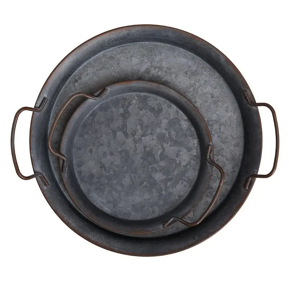 High quality Metal Bread Tray With Handle Old Iron Home Decor Tableware Plate with handle round tray for food & home photo prop