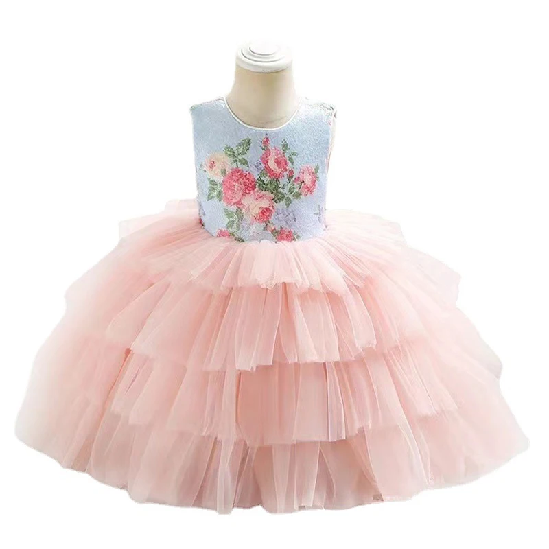 

Summer Kids Blue Floral Sequin Flower-Girl-Dress for Wedding Printed Flower Birthday Party Tulle Ball Gown for 1-14Yr Girls