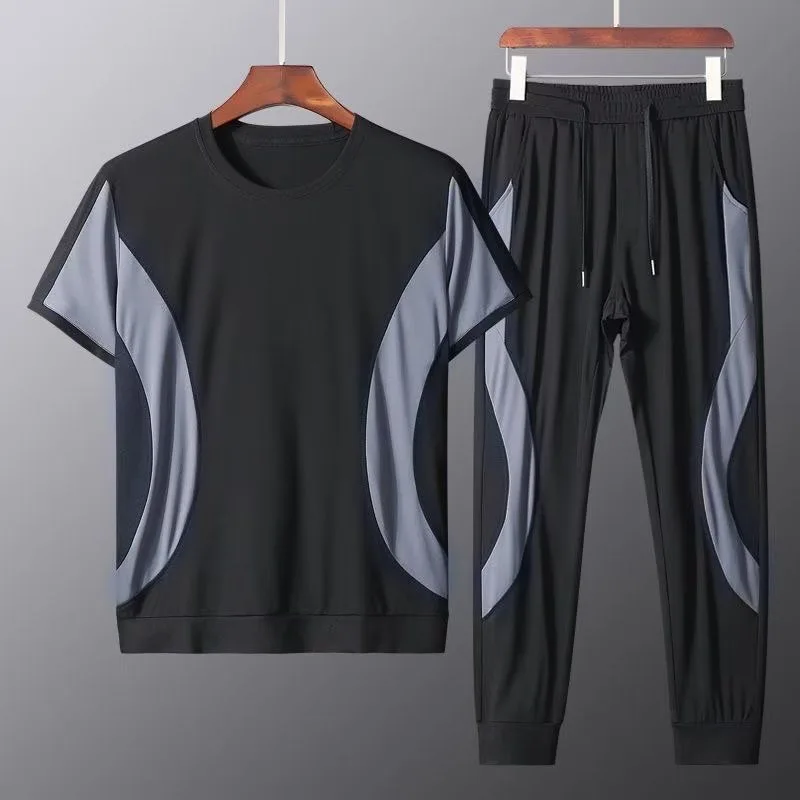 

Summer Men's Classic Ice Cool Two Piece Set Soft Casual Sports Short Sleeve And Pants Sets Male Elastic Thin Tracksuits Outfits