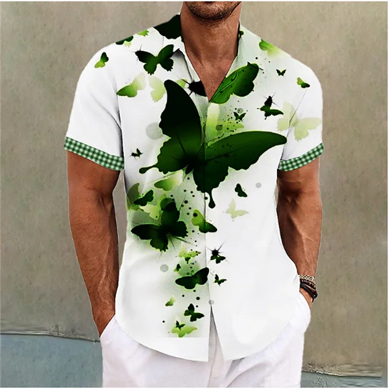 Summer Hawaiian Men's Shirt Butterfly Pattern Printed Feather Cuffed Shirt Outdoor Street Short Sleeve Clothing Fashion Designer