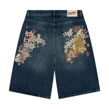 Y2k Retro Blue Wide Leg Denim Shorts Skateboard Streetwear Hip Hop Japan Kimono Embroidered Shorts Men Casual Baggy Jeans Jorts 1