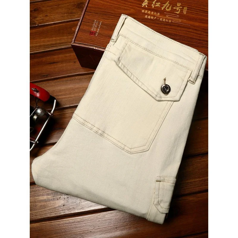 High end trendy jeans for men with multiple pockets slim fit straight leg elastic fashion elastic casual trendy motorcycle pants 6