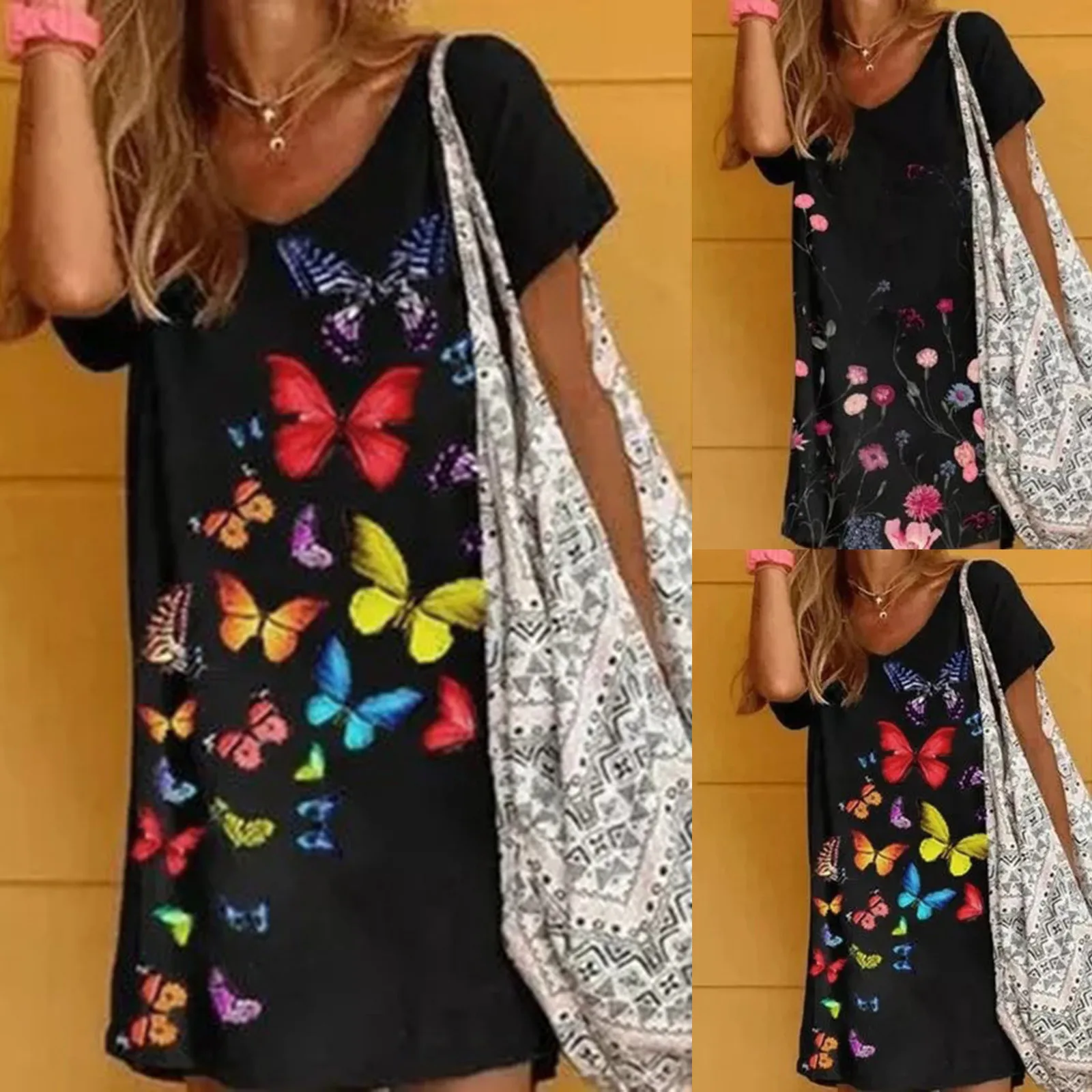 

Size 12 Formal Dresses for Women Women's Pullover Summer Round Dress Loose Print Neck Black Flower Fall Floral Dress for Women
