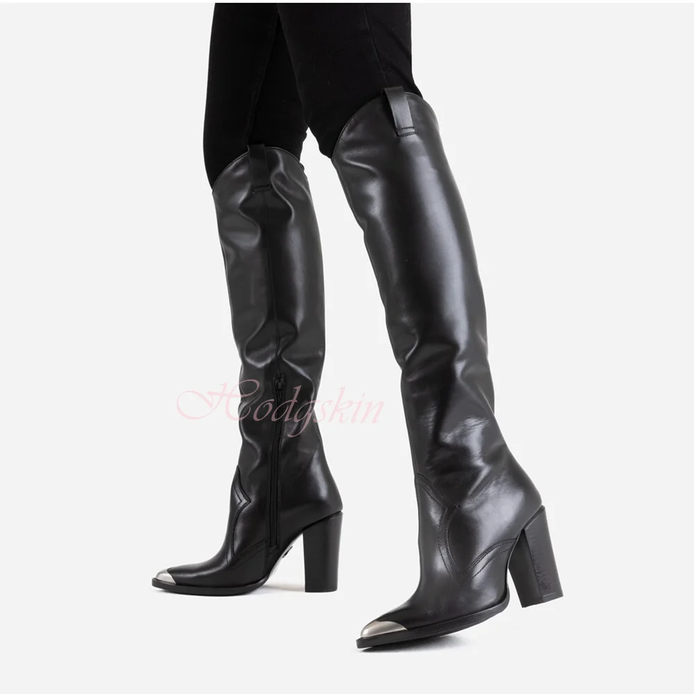 

Metal Pointy Toe Boots Knee High Chunky High Heels Solid Leather Slip On Long Boots Women Sexy Shoes Winter Party Designer Black