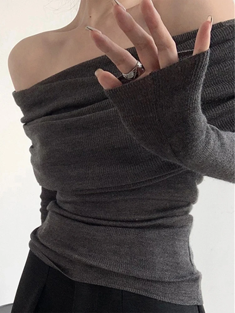 

Sexy Off Shoulder Knit Pullovers Women High Waist Long Sleeve Slim Female Top 2024 Spring Fashion Lady Sheath Bottoming Shirt