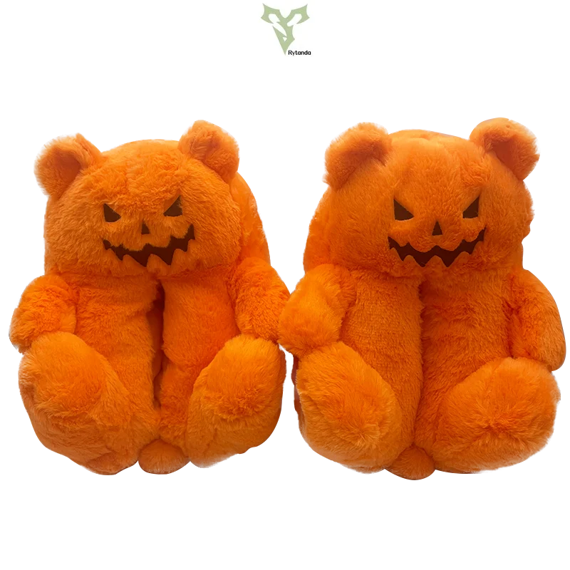 Rytanda Kawaii Teddy Bear Pumpkin Slippers Orange Bear Soft Plush Doll Indoor Fuzzy Flat House Shoes Women Men Halloween Gifts 4