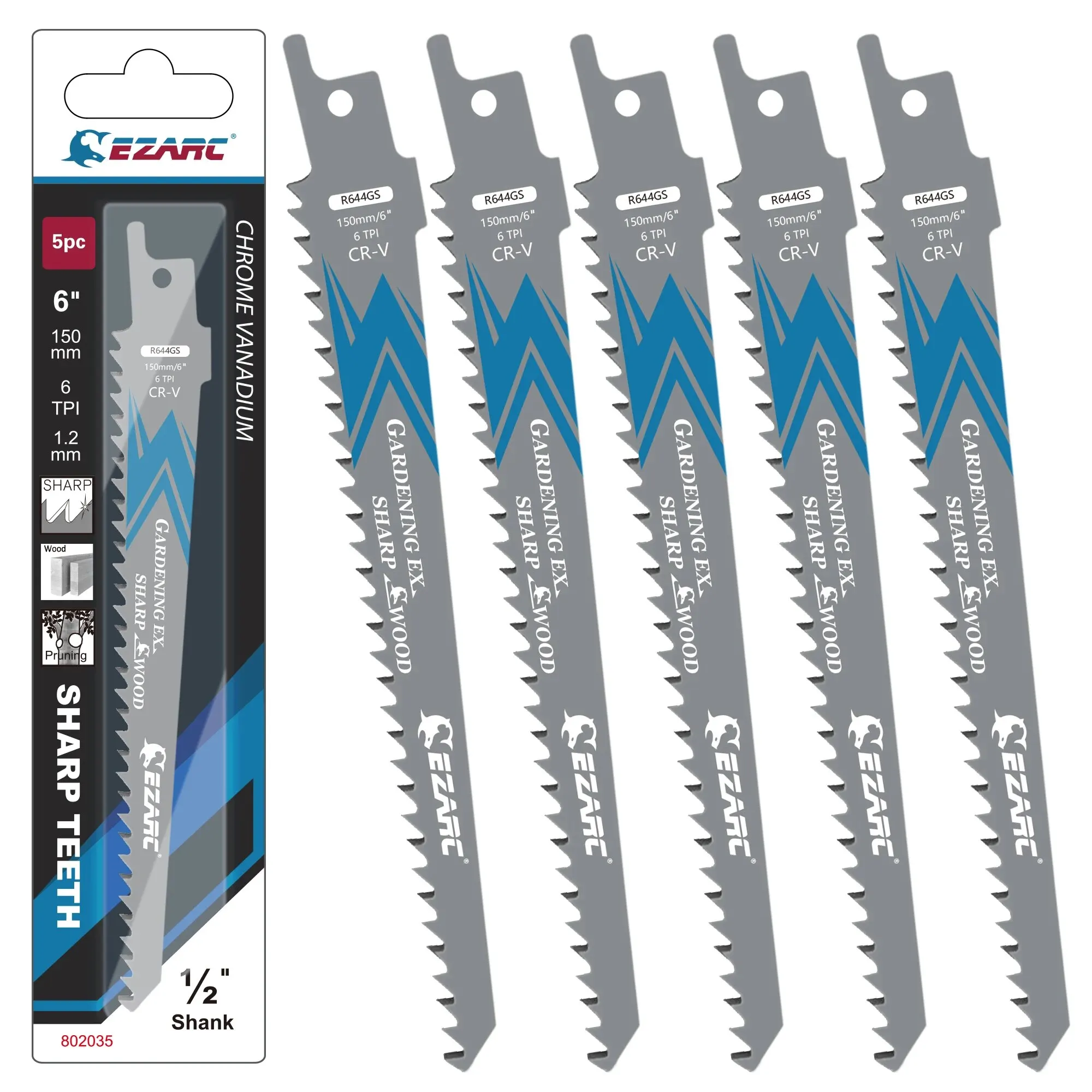 Wood pruning reciprocating saw blade 6-Inch/150mm recip saw blades R644GS 6TPI CRV sharp ground teeth sabre blades 5PCS saw blades