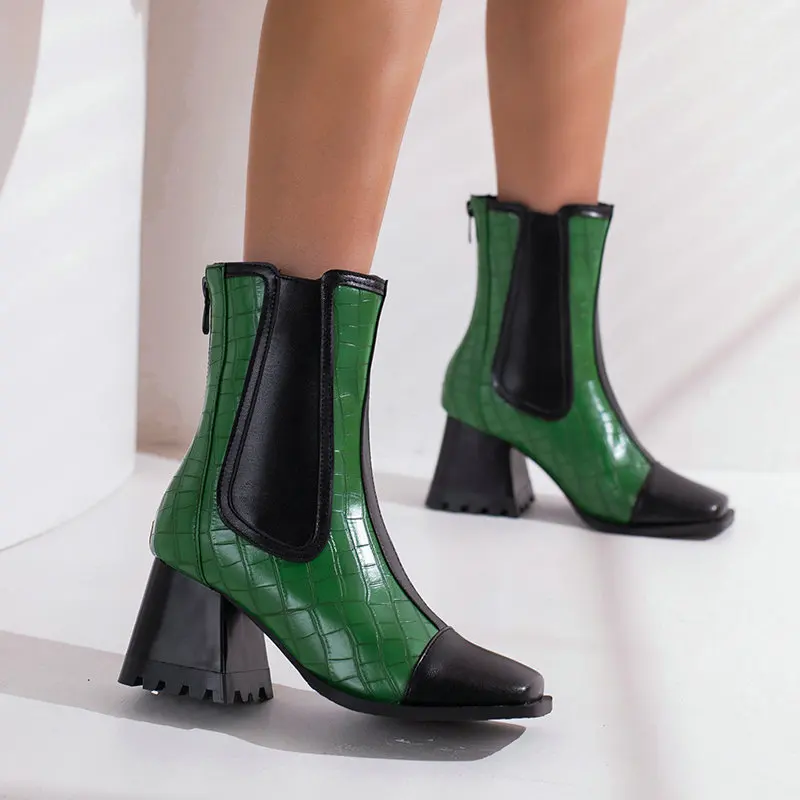 

INS Green White Patchwork Mixed Color Ankle Elastic Band Stretch Ankle Booties Square Chunky Heels Women Ankle Chelsea Boots