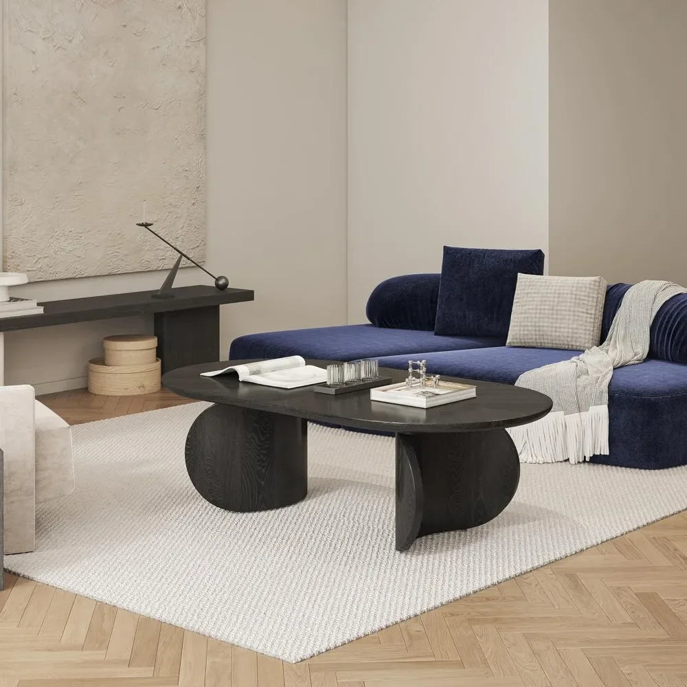 Oval Coffee Table, Solid Wood Coffee Table Simple Design, Farmhouse Black Coffee Table for Living Bedroom -51.2" x 27.6" x 15.6" 6