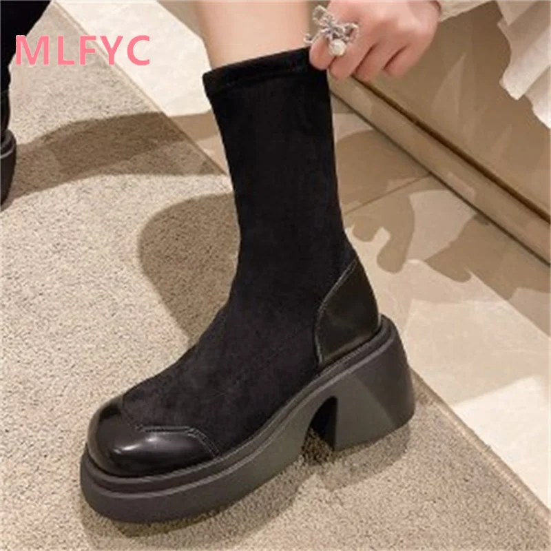 2023 Autumn/Winter Thick Sole Elastic Boots Women's Versatile Casual Boots female Retro Thick Heel Short Boots