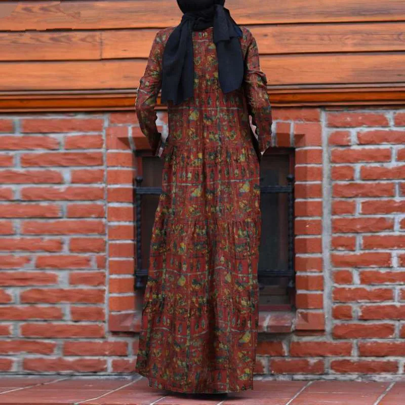 Muslim Woman Print Dress 2023 Autumn Retro Fashion Pullover Long Sleeve Round Neck Robe Casual Abaya Loose Dresses
