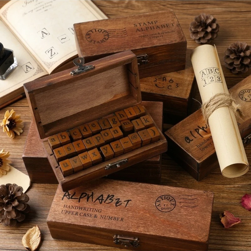 DIY 셀프잉킹 고무 스탬프 세트, 대문자 소문자 나무 알파벳 글자, 수제 공예..