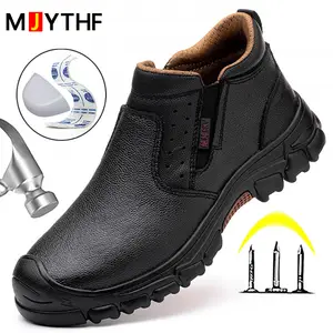 ZAPATOS DE TRABAJO SEGURIDAD impermeables para hombre, botas de cuero negro con punta de acero para oficina, calzado Indestructible para construcción _ - AliExpress Mobile