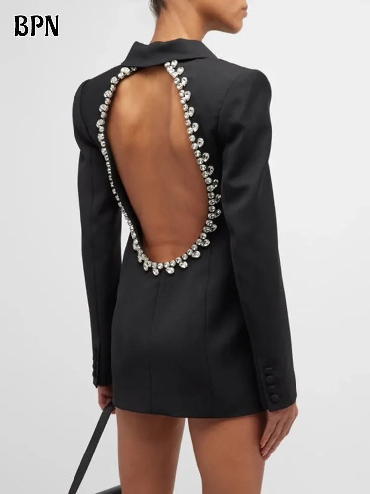 BPN Hollow Out Backless Blazers For Women Notched Collar Long Sleeve Spliced diamonds Casual Blazer Female Fashion clothing new