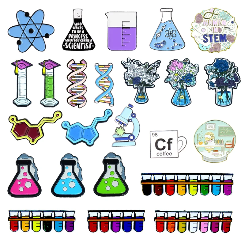 Women In Stem Science Enamel Pins Test Tube DNA Chemistry Molecular Element Alloy Brooches Trendy Student Lapel Jewelry Gift