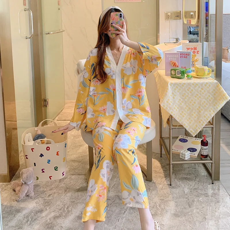 NEW Women's Pajamas Set Luxury Style Painting Print Sleepwear Satin Silky Touch Homewear V Neck Nightie Casual Home Suit