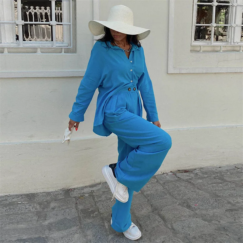 Spring Autumn Drop Shoulder Button Shirts Women Clothing Long Sleeve Turn Down Collar Casual Office Lady Two Pieces Pants Sets