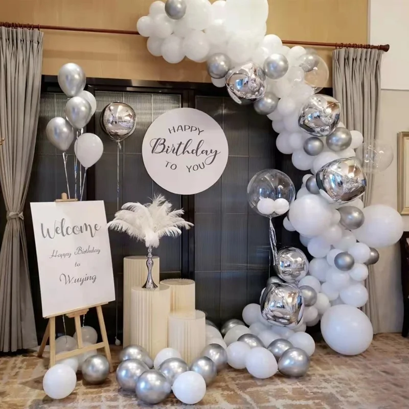 

87Pcs/Set Metallic Silver Balloon Garland Arch Kit Wedding White Latex Balloons Decor Birthday Party Balloon Garland Arch Kit