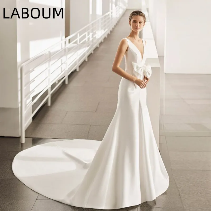 

LaBoum Simple Wedding Dresses Mermaid V-neck Bow Satin Elegant V-Back Bridal Gowns vestido de noiva brautkleider robe de mariée
