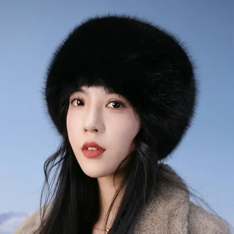 Super Fashion Winter Snow Hat Faux Fur Thick Women Fluffy Fur Cap Ski Russian Windproof Hat Party Luxury Warm Fox Fur Cap Black 4