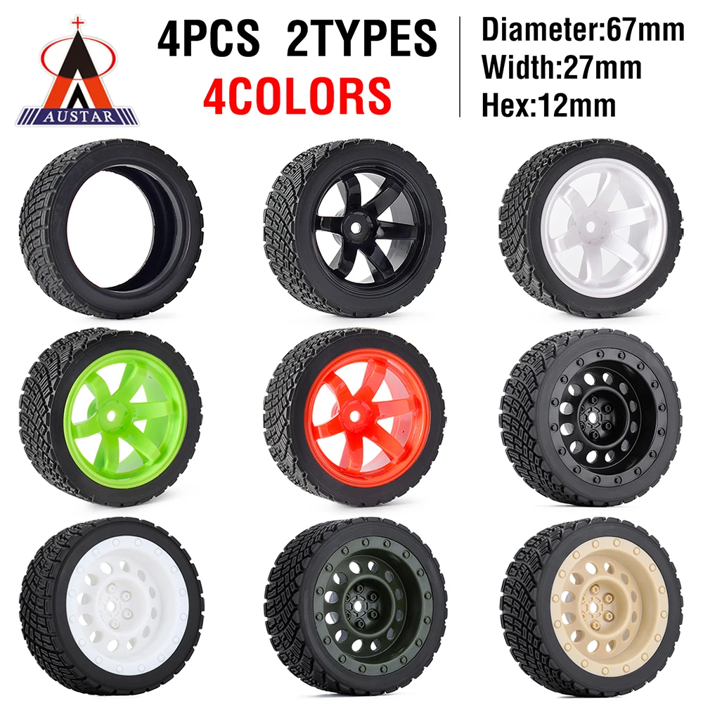 

Austar 4PCS 12mm Hex 67mm RC Car Rubber Tires Wheel Rim for 1/10 Rolly HPI WR8 HSP 94177 WLtoys 1/14 144001 RC Car