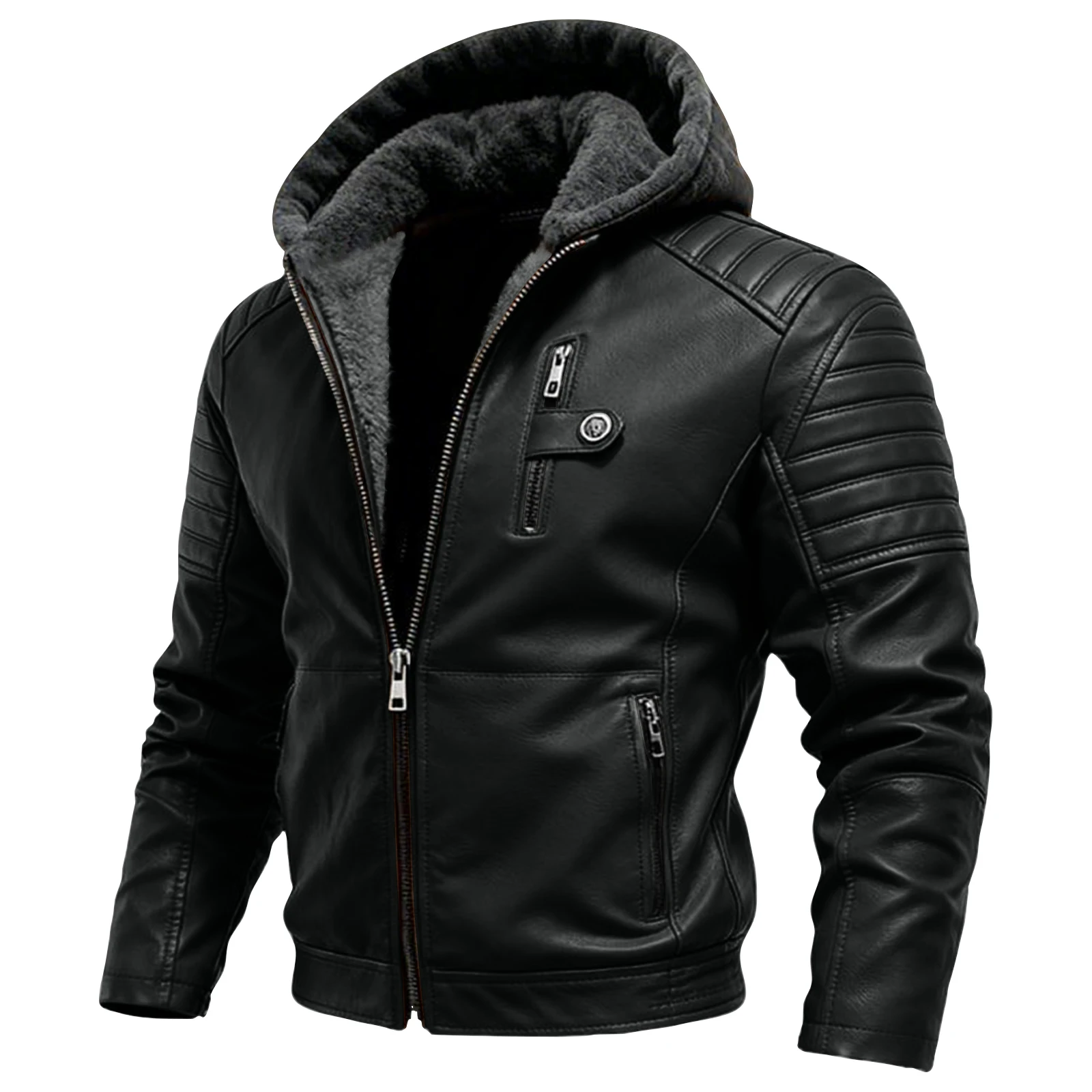 Men's Solid Color Hooded Jacket - Hood Detail