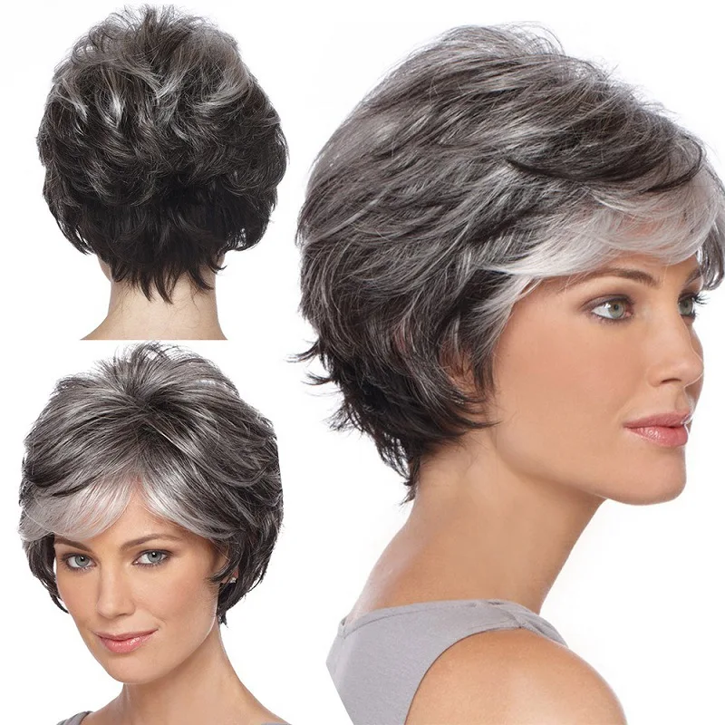 

Middle Aged and Elderly Women's Fluffy Silver Grey Short Hair Micro Roll Chemical Fiber High Temperature Filament Wigs