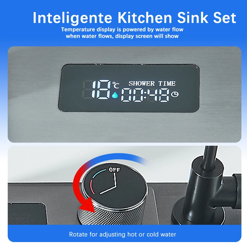 Stainless Steel Kitchen Sink Digital Display Large Kitchen Sink Faucet Set With Soap Dispenser Cup Washer 2