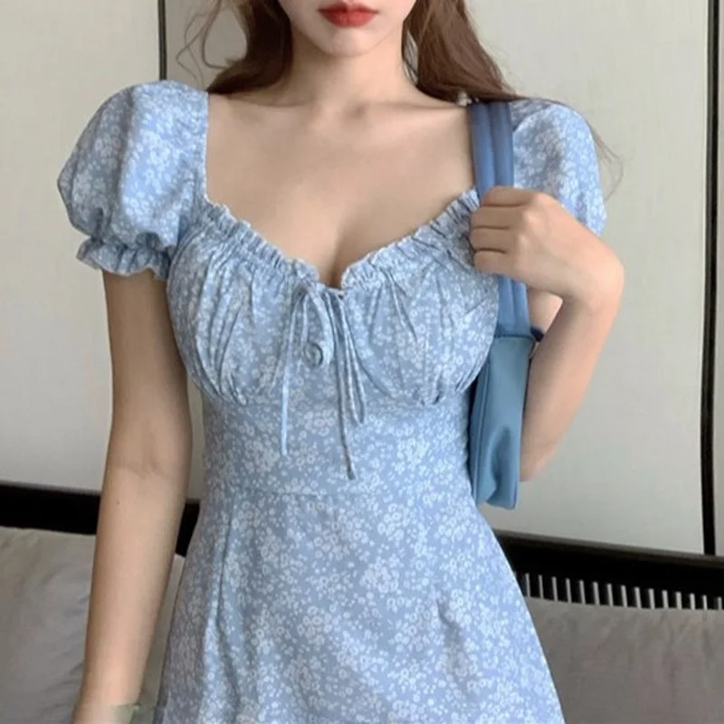 

Women Summer Holiday Bow Fairy Dress Vintage Sexy Blue Floral Print A-Line Dress Slim Beach Mini Dress Vestidos Dress Plus Size
