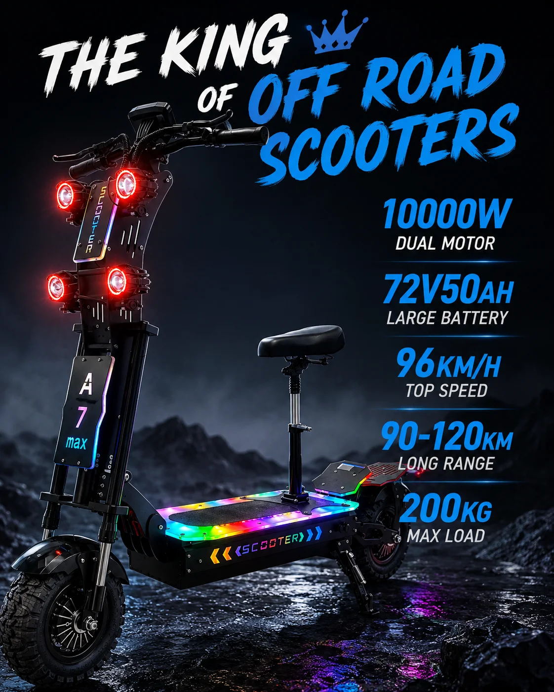 MAX 13-Inch Off-Road Electric Scooter – Dual 5000W Motors, 72V 50Ah Battery, High-Performance Adult E-Scooter for Extreme Riding 2