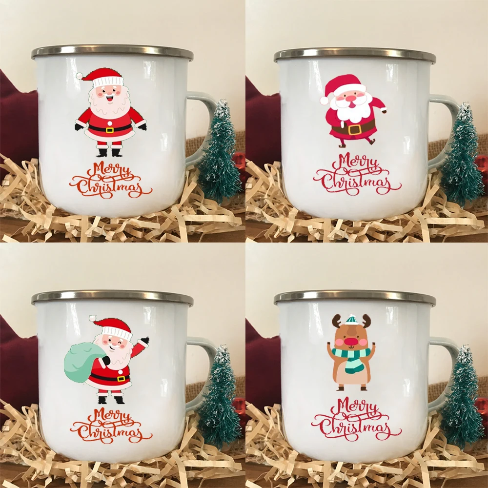 

Santa deer print mugs white enamel handle mug kids milk cups merry christmas cup family party kitchen decoration new year gifts