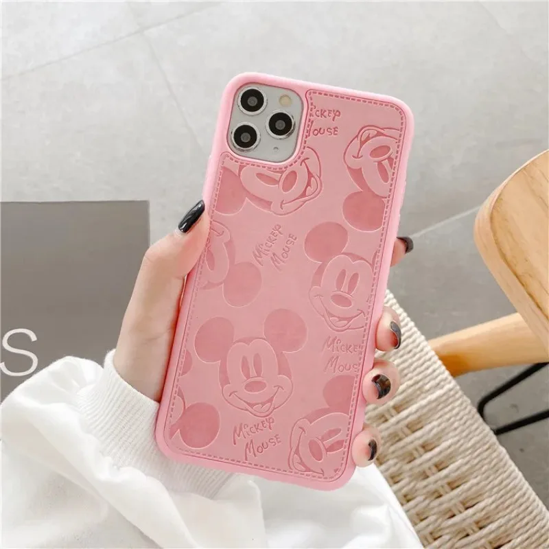 Disney Mickey Shell for IPhone 15 14 13 12 11 Promax Cute Cartoon Back Cover Soft Cover Leather Case for IPhone Couple Gifts