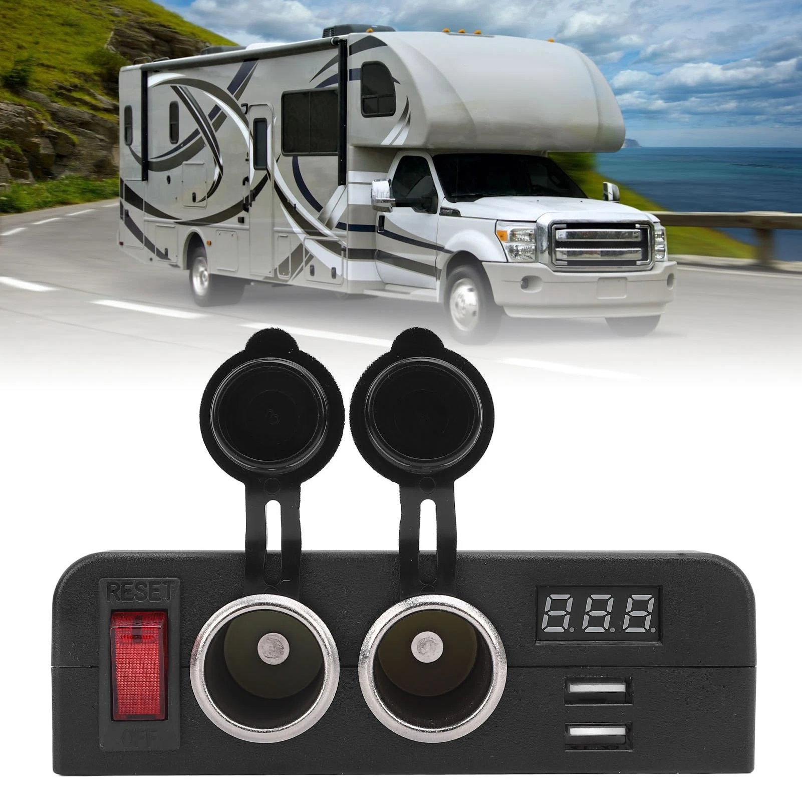 Cigar Lighter Socket Splitter Digital Voltmeter Car Power Outlet Socket USB  Dual USB DC12-24V for Boat Marine Truck RV