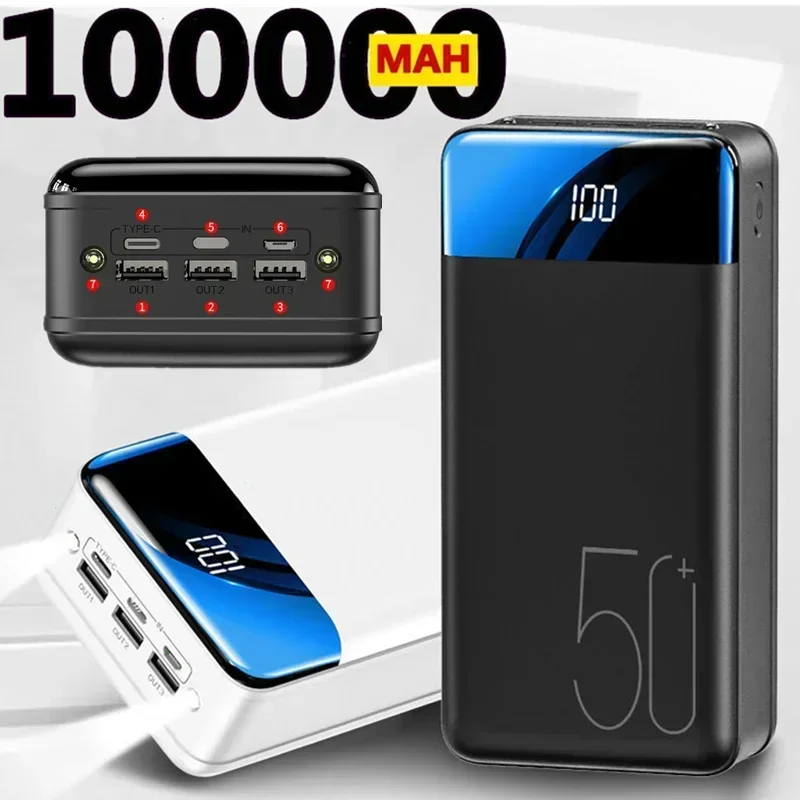 대용량 보조배터리 고속 충전 모바일 전원 공급 장치, 일반 5V 2.1A, 100000mAh, 2024 신제품, 무료 배송
