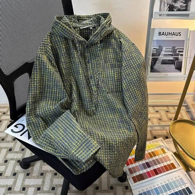 High Street Plaid Hoodie ex American  High-End Trendy Street Retro Casual Top Hooded Sun Protection irt