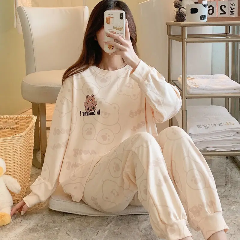 SUO&CHAO Spring Autumn Cartoon Cute Print Pajamas Set For Women Casual Loose Pyjamas Pijamas Nightgown Sleepwear Homewear