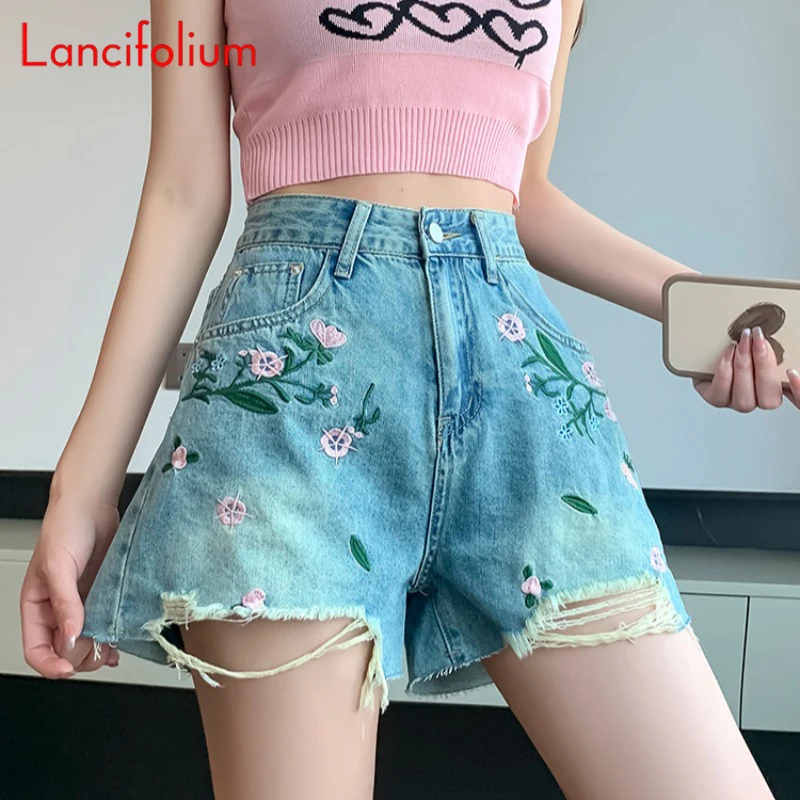 

Elegant Embroidery Flower Denim Shorts Summer Women 2023 Kawaii Cute Vintage Streetwear Wide Leg Ripped Distressed Jeans Shorts