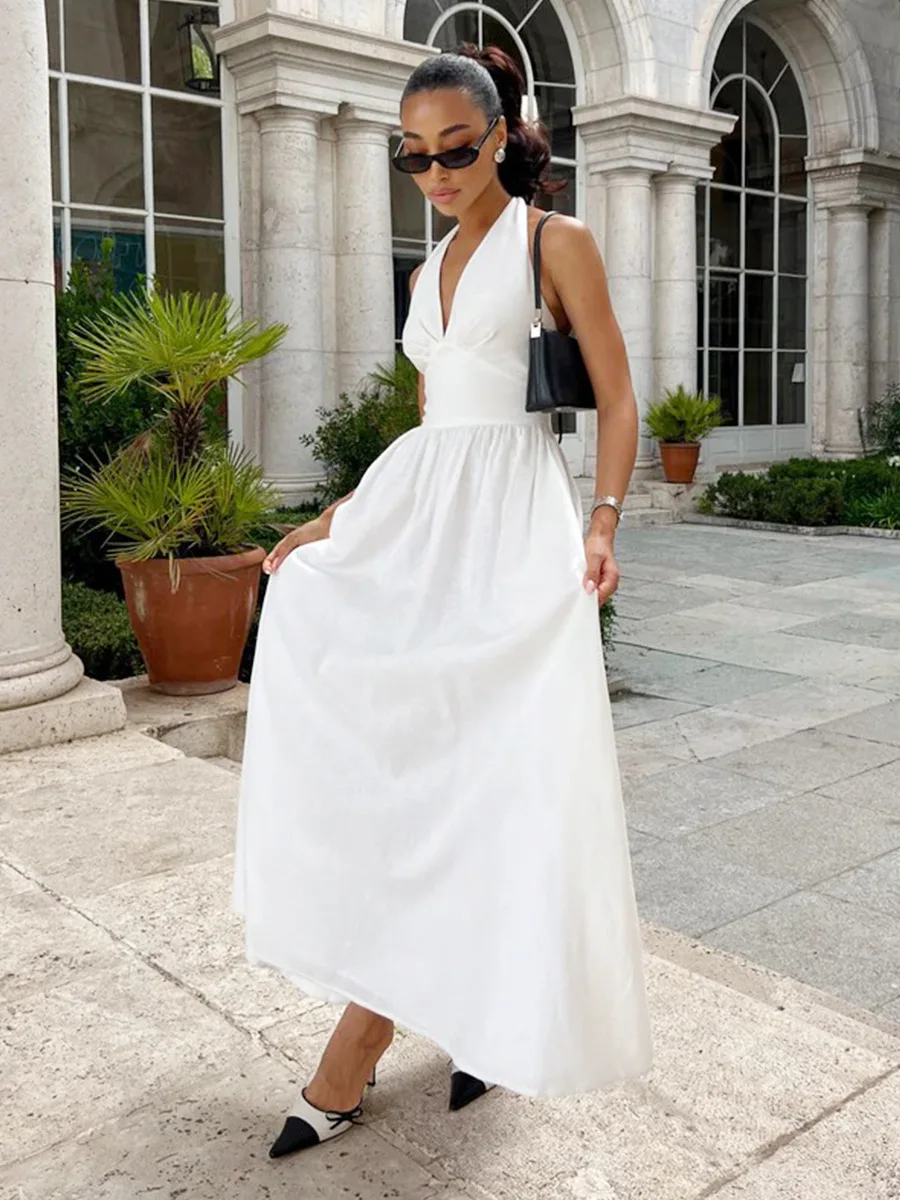 Elegant Cotton White Long Dress Women's V neck Lace-up Halter