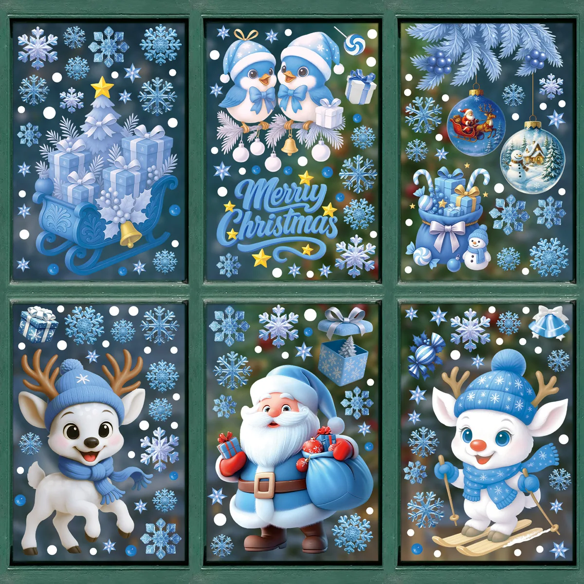 Christmas Decorative Stickers Cartoon Santa Snowmen Bells Static Window Glass Stickers for Holiday Party Decor