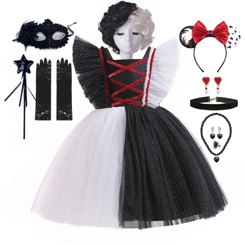 2023 Halloween Bambini Cruella Tulle Dress Costume Party Girls Black White Carnival Kids Cruella Parrucca Pizzo Maschera Vestito Vestiti
