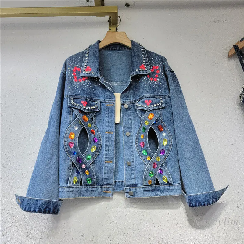 

2023 Heavy Embroidery Hot Drilling Denim Jacket Women's New Design Irregular Beaded Hollow Twists Loose Jean Coats