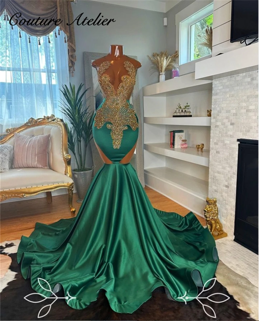 

Emerald Green Mermiad Prom Dresses For Black Girls Gold Crystals Mermaid Elegant Dress Wedding Party Formal Gowns O Neck