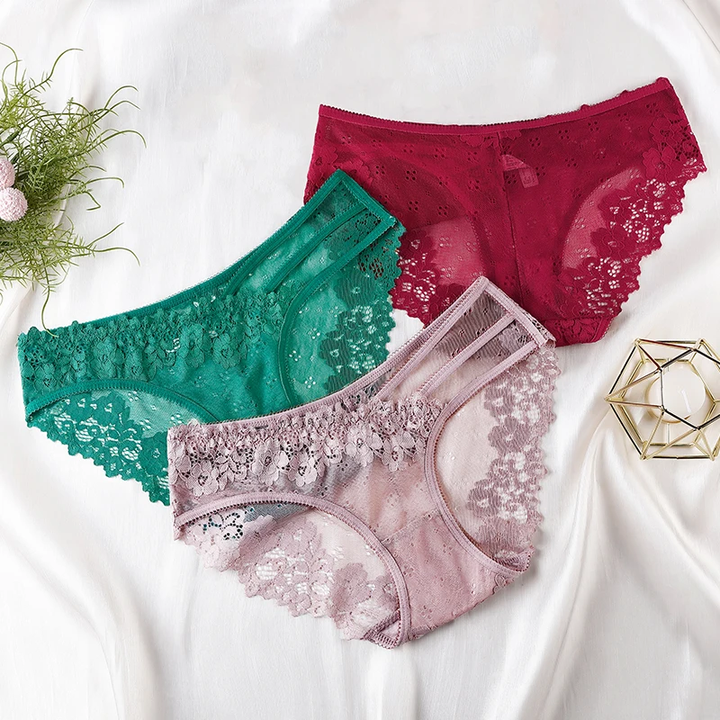 3Pcs Sexy Lace Underwear For Women Low Waist Briefs Female Transparent Mesh Ladies Solid Women's Panties Intimates BANNIROU
