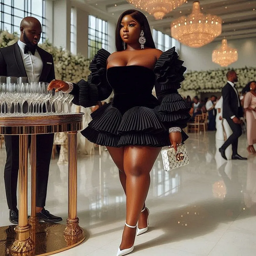 Plus Size Black Cocktail Dresses Sexy Sweetheart Tiered Draped Long Sleeves Evening Party Dress Black Girls Birthday Gowns