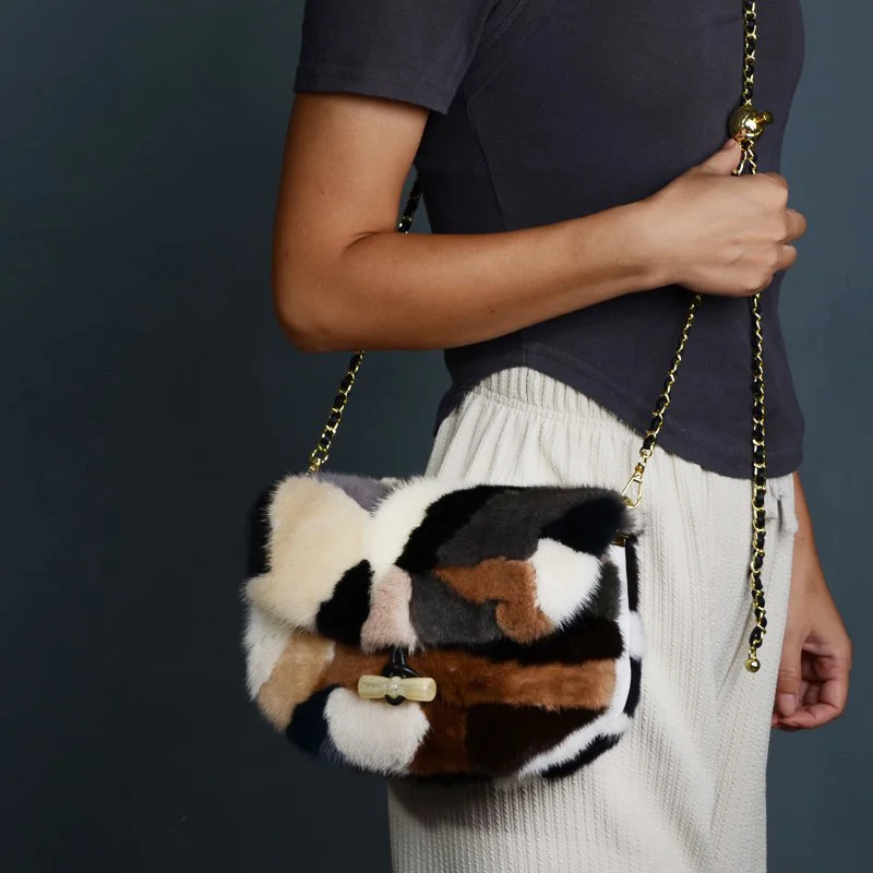 High Quality Mink Hair Shoulder Bag Fall Fashion Real Fur Ladies Chain Skew Straddle Bag High Design Dinner Party Wrist Bag