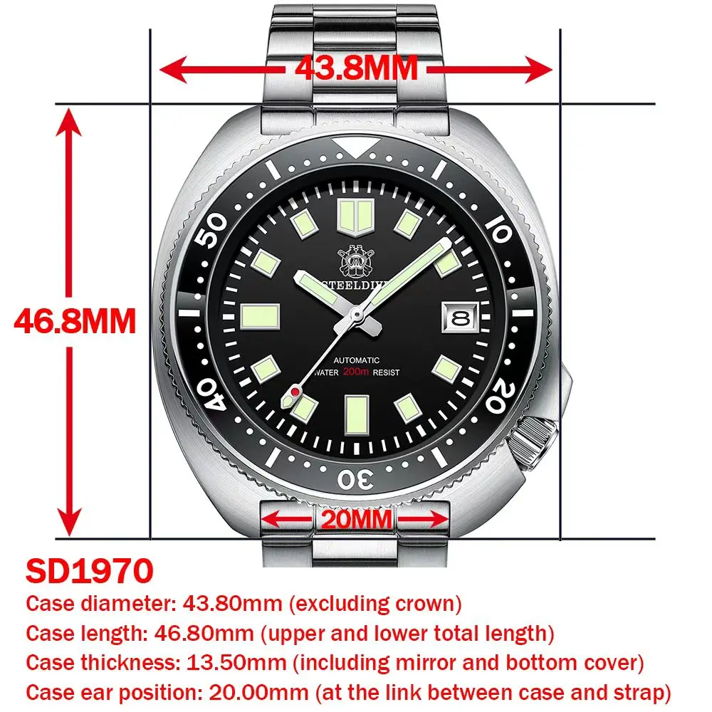 Steeldive SD1970 Wit Datum Achtergrond 200M Wateproof NH35 6105 Schildpad Automatische Dive Diver Horloge