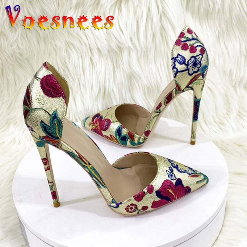 

Gold Embroidered Print High Heels Summer Sexy Pointed Toe Fashion Sandals Side Empty Women's Slip-On Party Shoes 2023 New Design